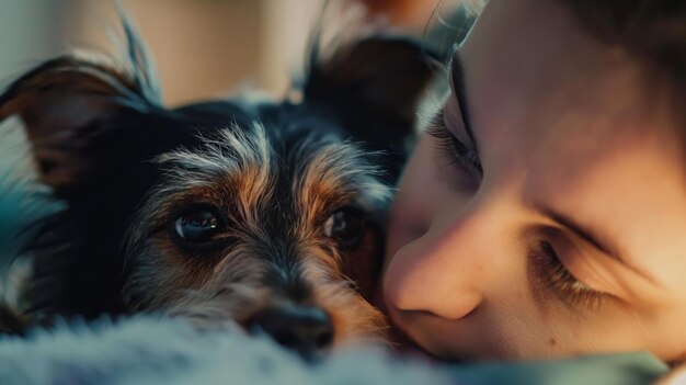 Foto nahaufnahme einer person und ihres hundes, die einen bindungsmoment teilen, der kameradschaft und trost vermittelt