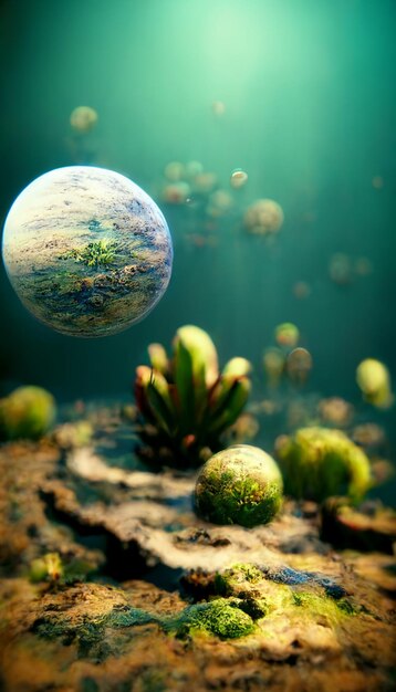 Foto nahaufnahme einer pflanze mit einem planeten im hintergrund generative ki