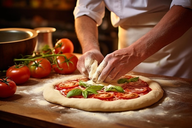 Nahaufnahme einer Pizza, die mit einzigartigen Toppings zubereitet wird