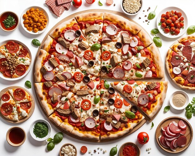 Nahaufnahme einer Pizza mit gemischtem Fleisch und Oliven auf weißem Hintergrund