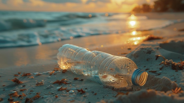 Nahaufnahme einer Plastikflasche, die auf dem Strandsand liegt