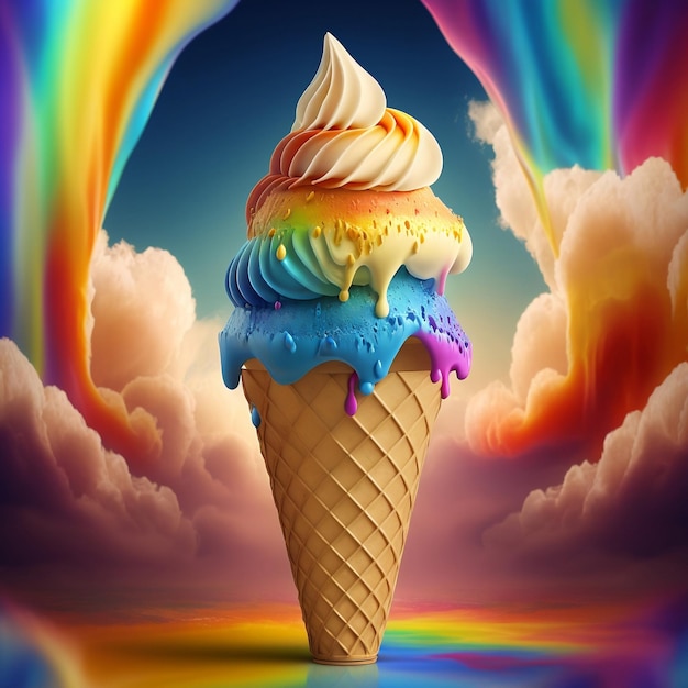 Nahaufnahme einer Regenbogen-Eistüte auf einem Regenbogen-Fantasy-Hintergrund. Generative KI