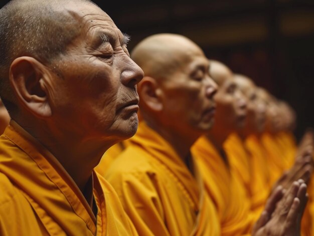 Nahaufnahme einer Reihe von buddhistischen Mönchen, die zusammen sitzen und im Einklang mit ruhigen Ausdrücken singen