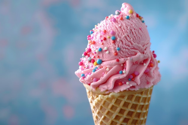 Foto nahaufnahme einer rosa eiscreme-schüssel in einem waffelkegel