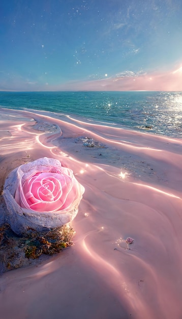Nahaufnahme einer rosa Rose auf einem Felsen im Sand