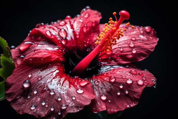 Nahaufnahme einer roten Hibiskusblüte mit Wassertropfen Generative AI