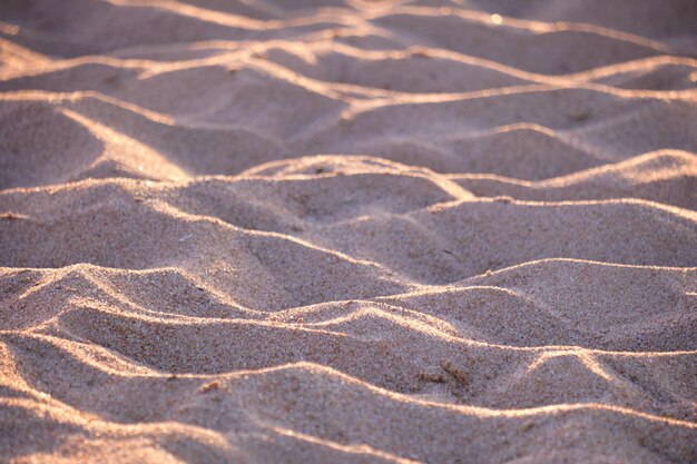 Nahaufnahme einer sauberen gelben Sandoberfläche, die einen mit Abendlicht beleuchteten Strand bedeckt. Reise- und Urlaubskonzept