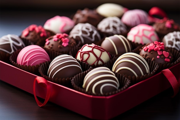 Nahaufnahme einer Schachtel mit verschiedenen Valentinstagsschokoladen