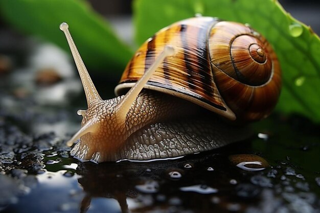 Nahaufnahme einer Schnecke, die auf einem Blatt kriecht.