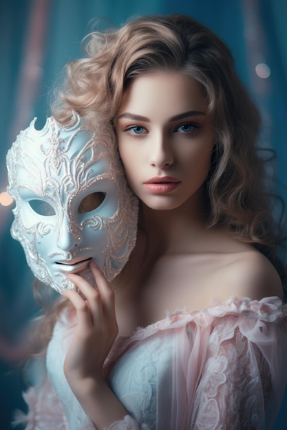 Nahaufnahme einer schönen jungen Frau, die eine große venezianische Maske vor ihrem Gesicht hält