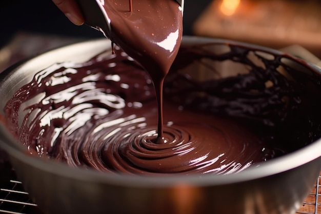 Nahaufnahme einer Schokoladen-Ganache, die mit generativer KI gerührt wird