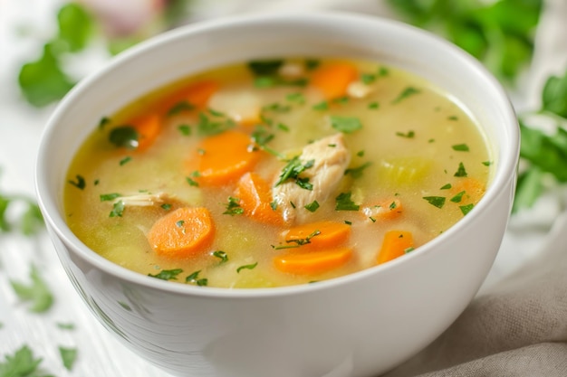 Nahaufnahme einer Schüssel mit Hühnersuppe auf einem weißen Holzhintergrund mit Platz für Text