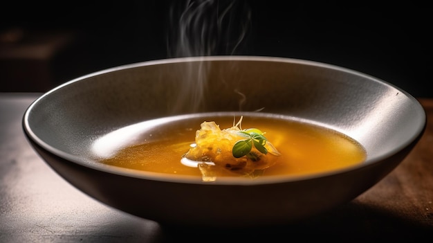 Nahaufnahme einer Schüssel Ramen-Nudeln mit aromatischer Brühe in einem japanischen Restaurant