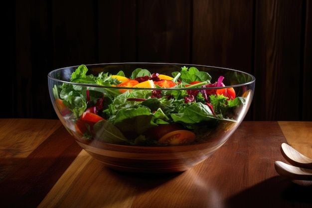 Nahaufnahme einer Schüssel Salat auf einem mit generativer AI erstellten Holztisch