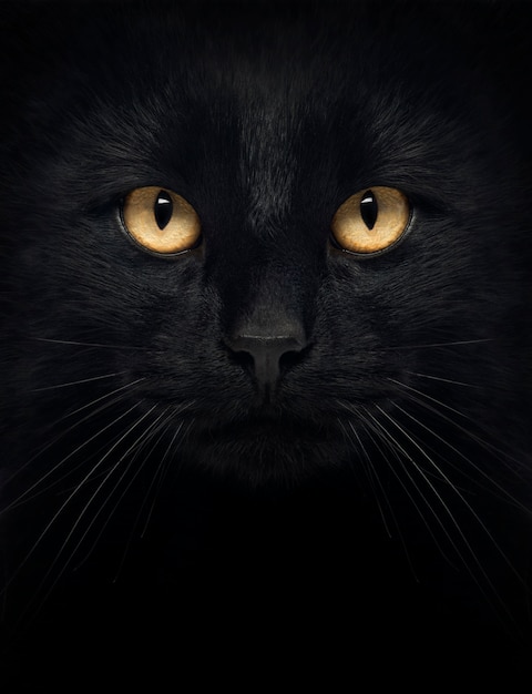 Nahaufnahme einer schwarzen Katze, die die Kamera betrachtet, lokalisiert auf Weiß