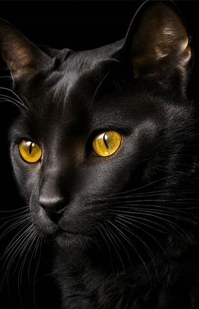 Nahaufnahme einer schwarzen Katze mit gelben Augen Generative KI