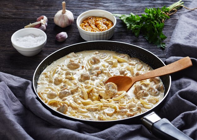 Nahaufnahme einer sehr vielseitigen cremigen Champignonsauce, Champignons in Sauerrahmsauce in einer Pfanne auf einem dunklen Holztisch mit Zutaten sautiert, Landschaftsansicht