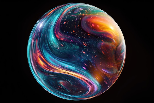Nahaufnahme einer Seifenblase, die einem abstrakten mehrfarbigen psychedelischen Planeten im Raum der virtuellen Realität auf b ähnelt