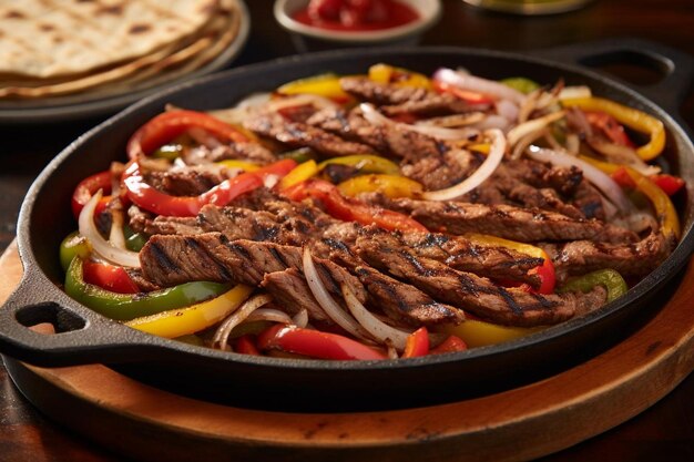 Nahaufnahme einer sizzlingen Fajita-Pfanne mit Pfeffer