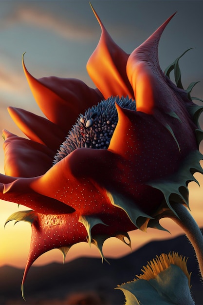 Nahaufnahme einer Sonnenblume mit einem Sonnenuntergang im Hintergrund, generative KI