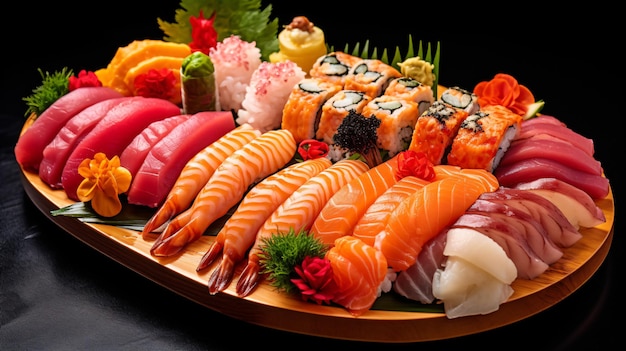 Nahaufnahme einer sorgfältig angeordneten Sushi-Teller mit einer Auswahl an frischem rohem Fisch
