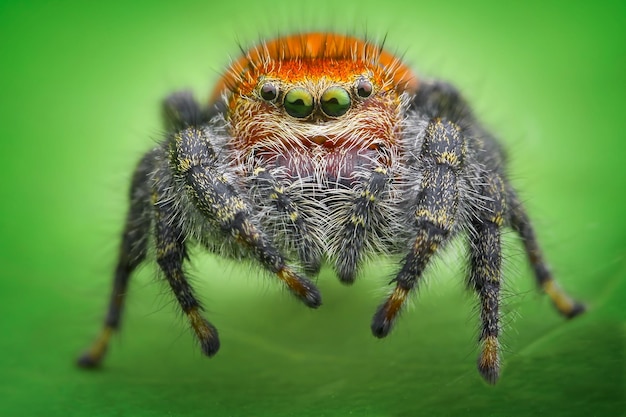Nahaufnahme einer Spinne auf grünem Hintergrund