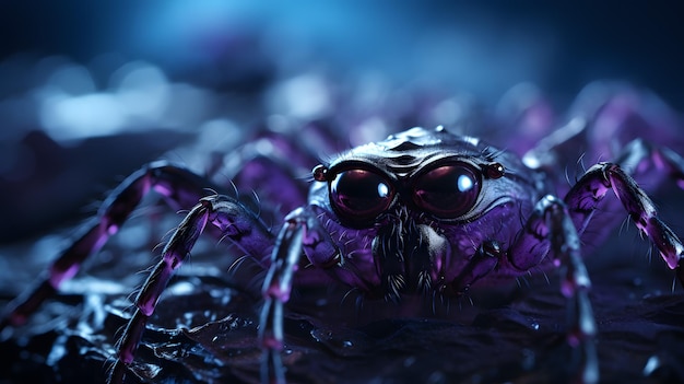 Nahaufnahme einer Spinne mit violetten Augen und schwarzem Hintergrund. Generative KI
