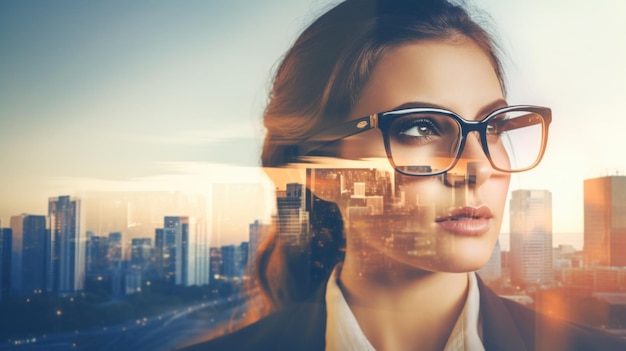 Foto nahaufnahme einer stilvollen geschäftsfrau mit brille und blick auf die stadt. doppelbelichtung