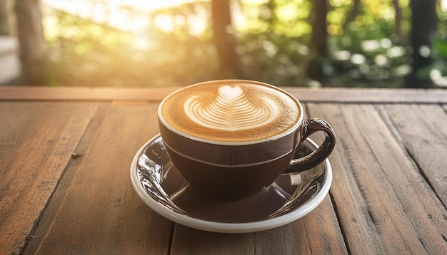 Foto nahaufnahme einer tasse heißer latte-kaffee mit latte-kunst-milchschaum mit herz getränk auf einem holztisch