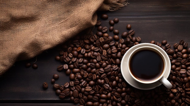 Nahaufnahme einer Tasse schwarzen Kaffees, umgeben von gerösteten Kaffeebohnen, auf einem dunklen Holztisch mit rustikalem Sackleinen-Hintergrund