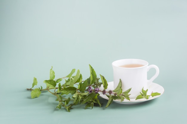 Nahaufnahme einer Teetasse und Minze mit Kopienraum