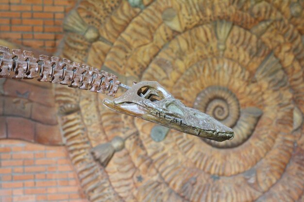 Foto nahaufnahme einer tierskulptur an der wand