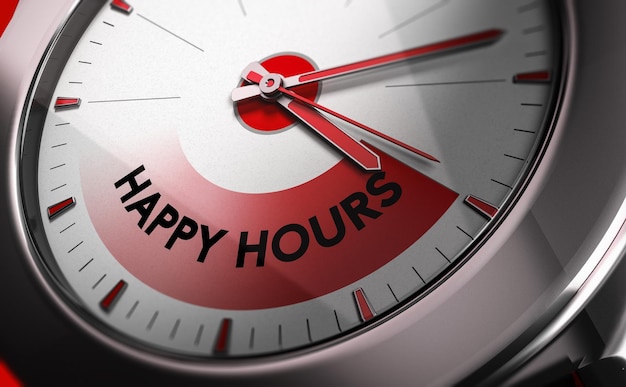 Nahaufnahme einer Uhr mit dem Text Happy Hour