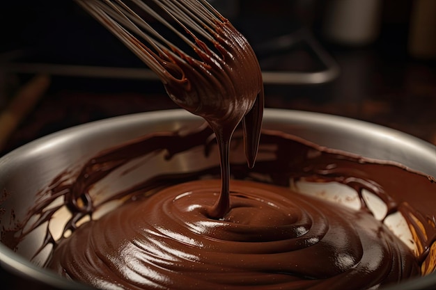Nahaufnahme einer umrührenden Schokoladenmischung, die eine glatte Textur erzeugt