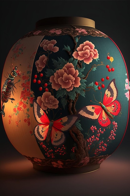 Nahaufnahme einer Vase mit Blumen und Schmetterlingen darauf generative KI