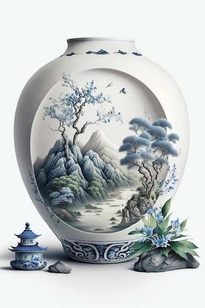 Nahaufnahme einer Vase mit Malerei, generativer Bergszene