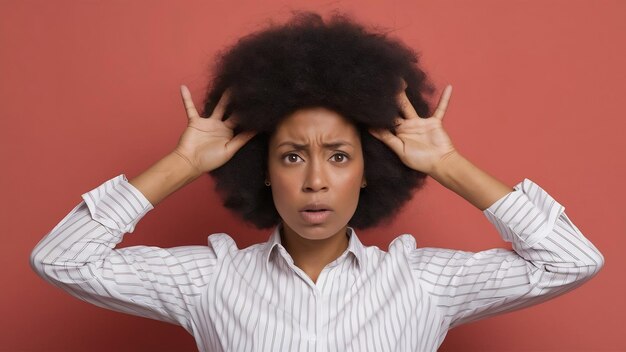 Nahaufnahme einer verärgerten Frau mit Afro-Frisur, die im Studio posiert