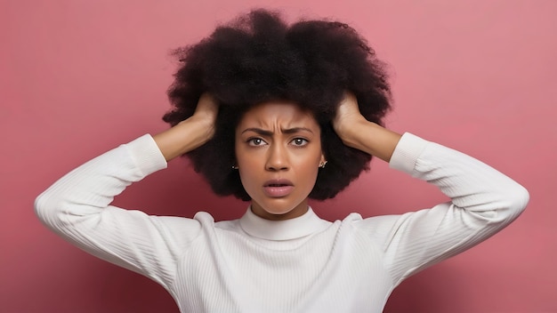 Nahaufnahme einer verärgerten Frau mit Afro-Frisur, die im Studio posiert