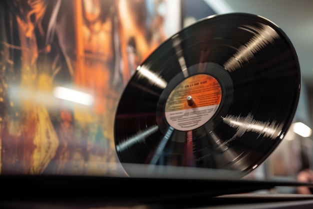 Nahaufnahme einer Vinylplatte mit Konzertbildern im Hintergrund, die mit generativer AI erstellt wurden