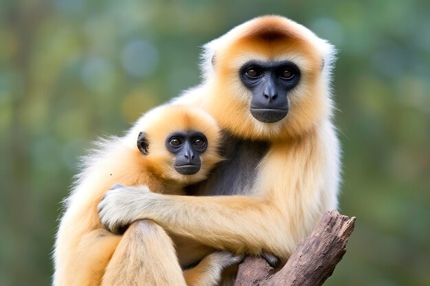 Nahaufnahme einer Wangen-Gibbon-Affenmutter mit einem Kind im Wald. Generative KI