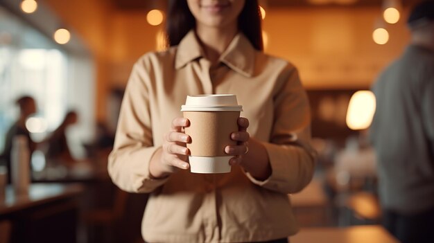 Nahaufnahme einer weiblichen Hand, die eine Papiertasse Kaffee hält