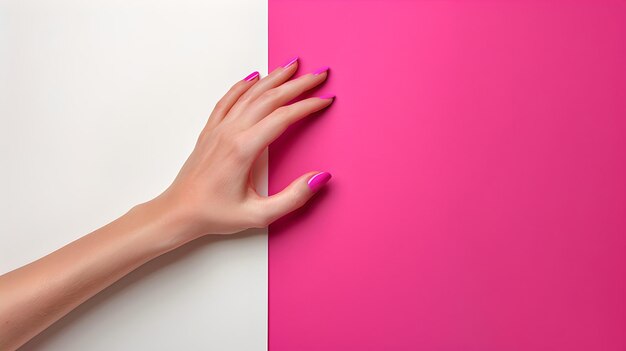 Nahaufnahme einer weiblichen Hand, die eine rosa Oberfläche berührt Einfache und stilvolle konzeptionelle Trennung Kontrastthema Moderne minimalistische KI