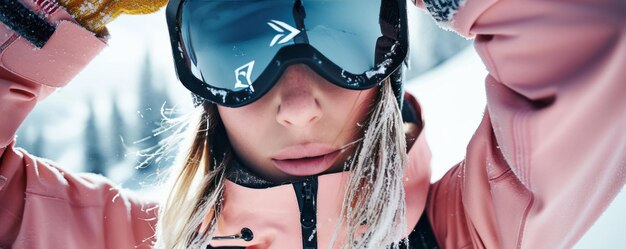 Nahaufnahme einer weiblichen Snowboarderin mit rosa Anzug, schwarzem Helm und Schutzbrille in den Bergen, jung