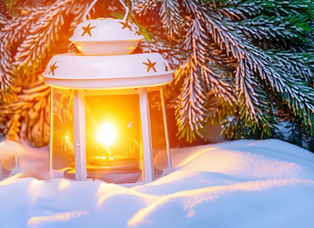 Nahaufnahme einer Weihnachtslaterne im Schnee mit winterlichem Waldhintergrund