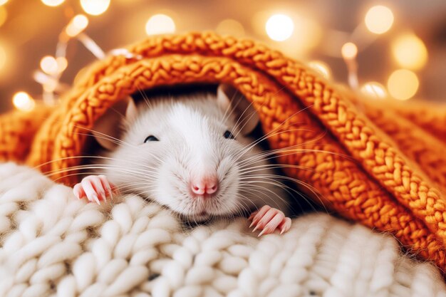 Nahaufnahme einer weißen Hausratte zu Hause unter einer Decke