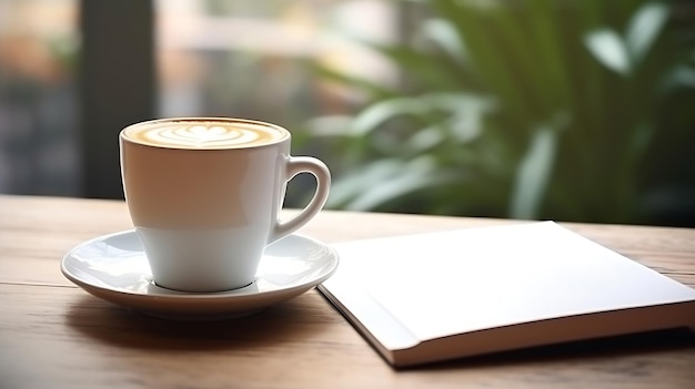 Nahaufnahme einer weißen Kaffeetasse auf einer hölzernen Theke und eines Smartphone-Notebooks mit generativer KI