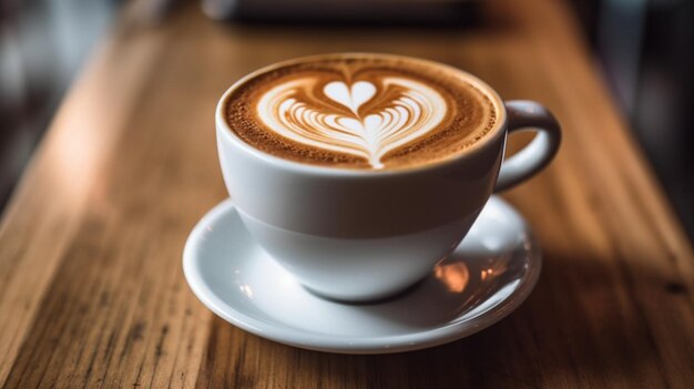 Nahaufnahme einer weißen Kaffeetasse mit herzförmiger Latte Art auf Holzlasche Generative KI