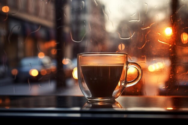 Nahaufnahme einer weißen Kaffeetasse und eines sanften Rauchstroms auf der Himmelsterrasse am Rande der verschwommenen Morgenstadt