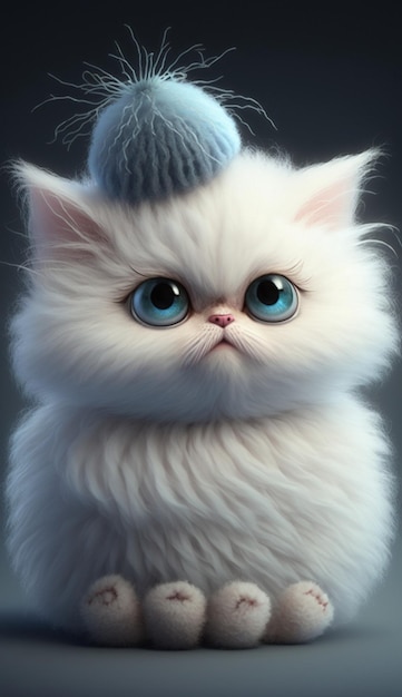 Nahaufnahme einer weißen Katze mit blauen Augen und Hut auf generativer KI