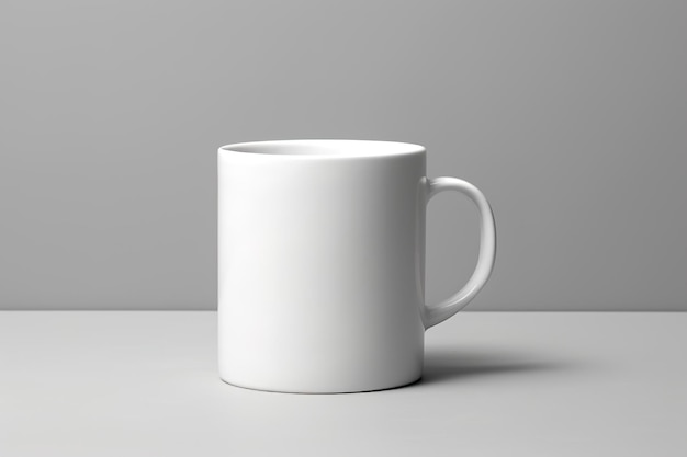 Nahaufnahme einer weißen Tasse mit Henkel auf grauem Hintergrund, ein minimalistisches Modell